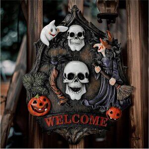 Halloween Welcome Wall Hanging Door Plaque Witch Pumpkins Ghost Decor Sign New